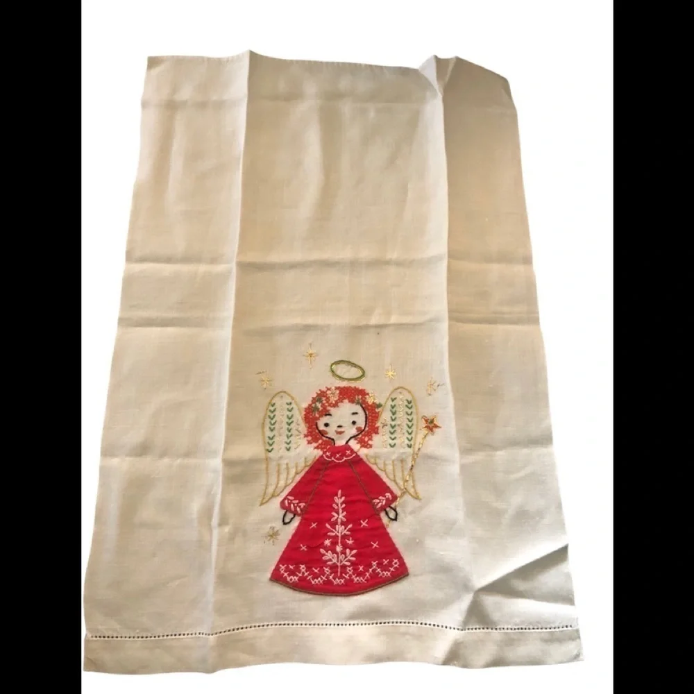 VTG Hand Embroidered Criss Stitched Angel Tea Towel Doily Framed Art 18X12